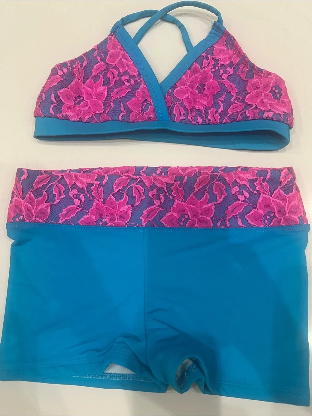 Youth XL Two-Piece dance or gym Set in Teal and Pink Lace